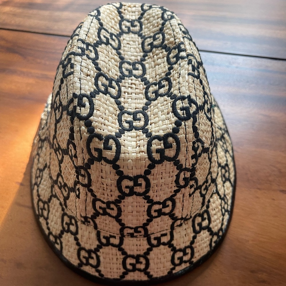 Authentic Natural, raffia straw, black embroidered GG logo fedora hat